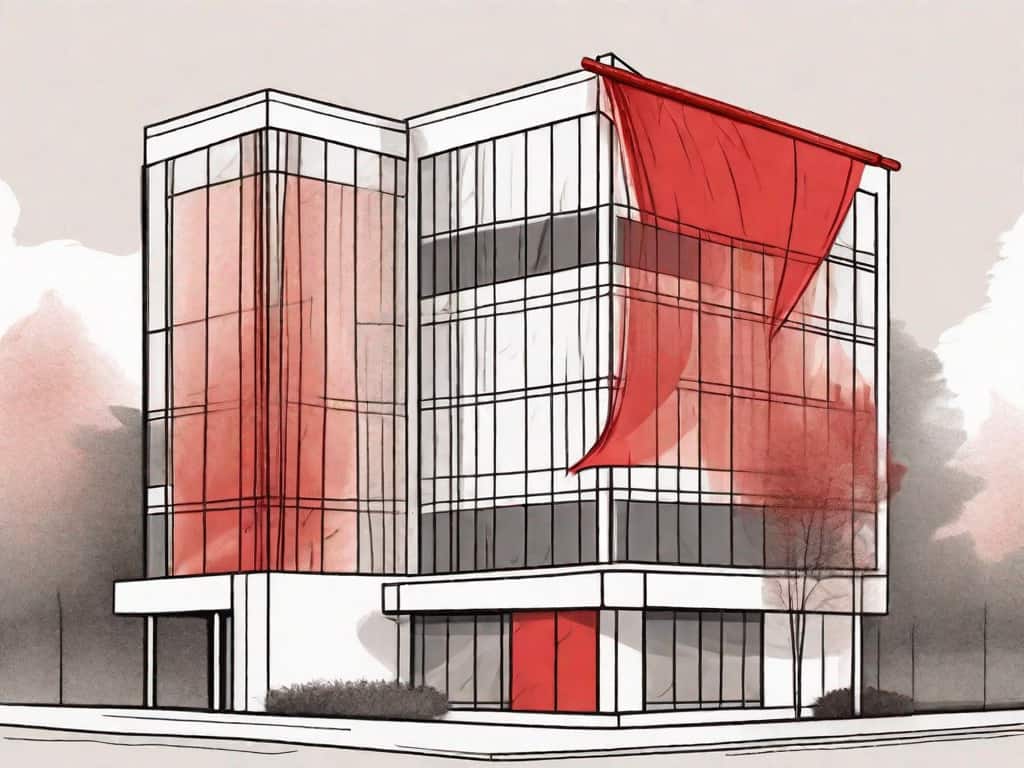 A medical practice building with various red flags sticking out from it