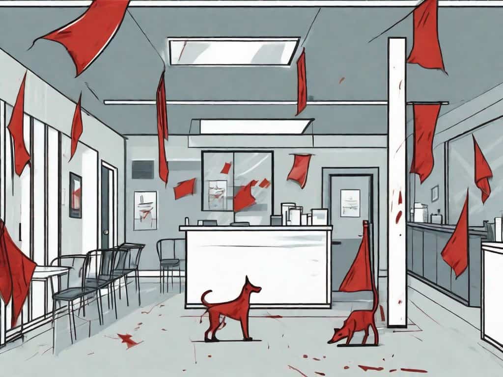 A veterinary clinic with symbolic red flags flying above it