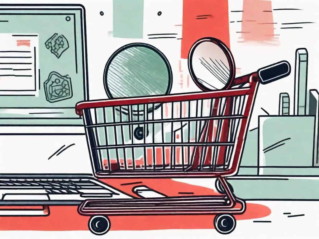 A shopping cart with a magnifying glass hovering over it