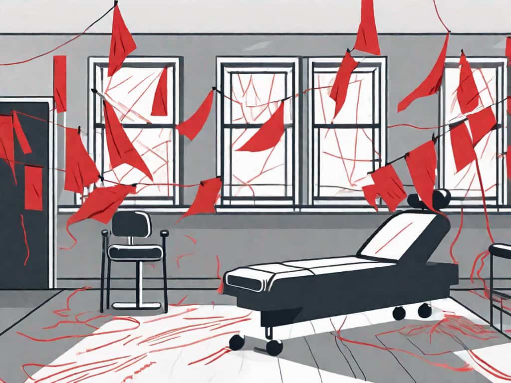 A physical therapy center with symbolic red flags scattered around it
