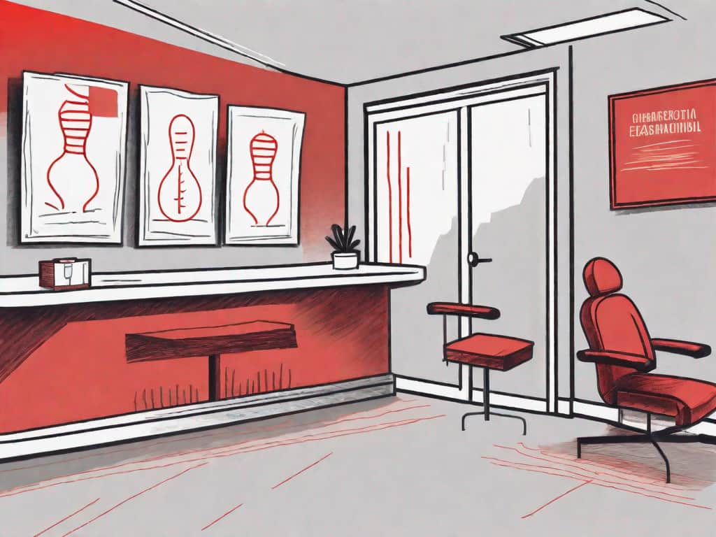 A chiropractic office with symbolic red flags hovering over potential problem areas