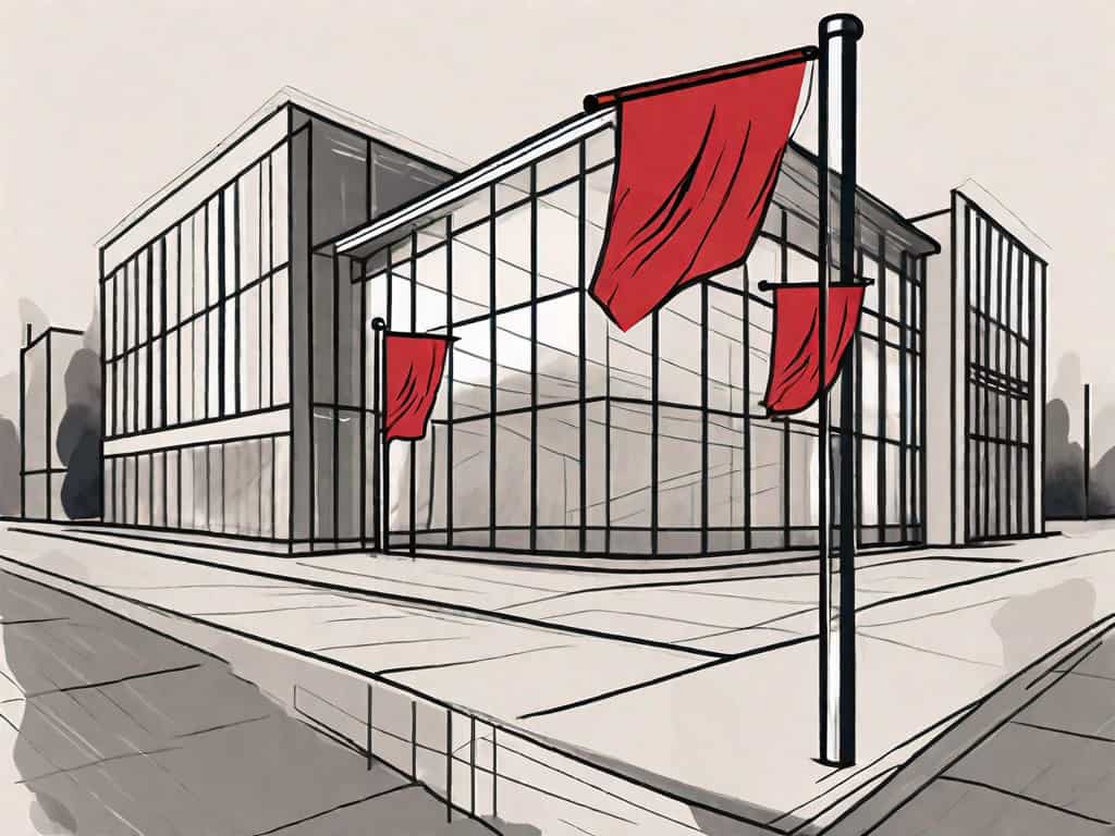 A business building with a few red flags waving on top