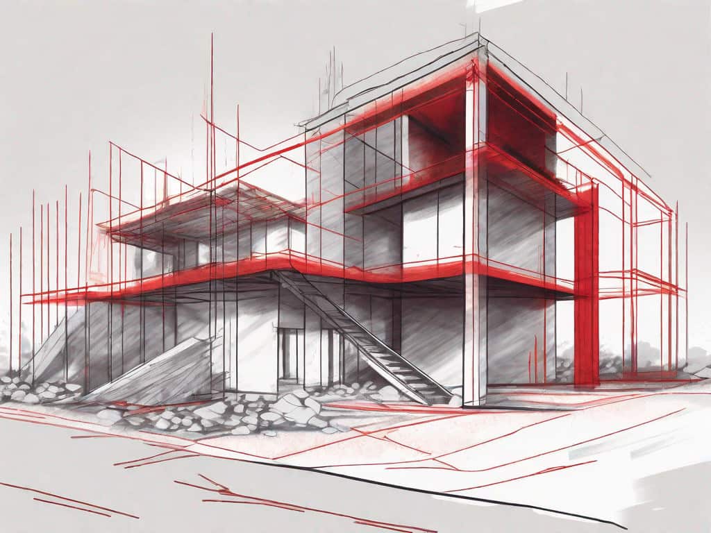 A residential construction site with a few symbolic red flags planted around it