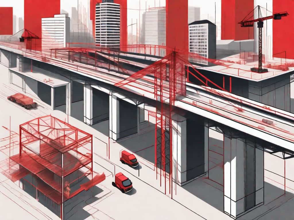 A construction site with various infrastructure elements like bridges