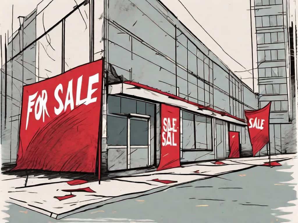 A dilapidated building with a "for sale" sign