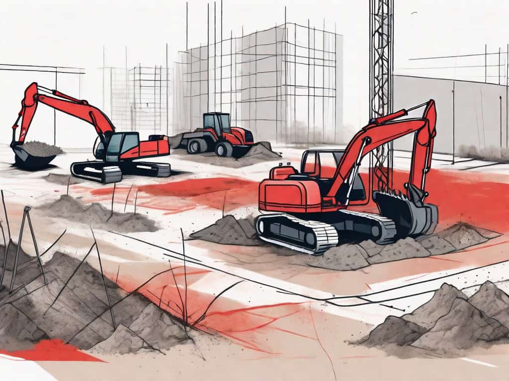 A landscape construction site with noticeable red flags placed on various problematic areas such as faulty equipment