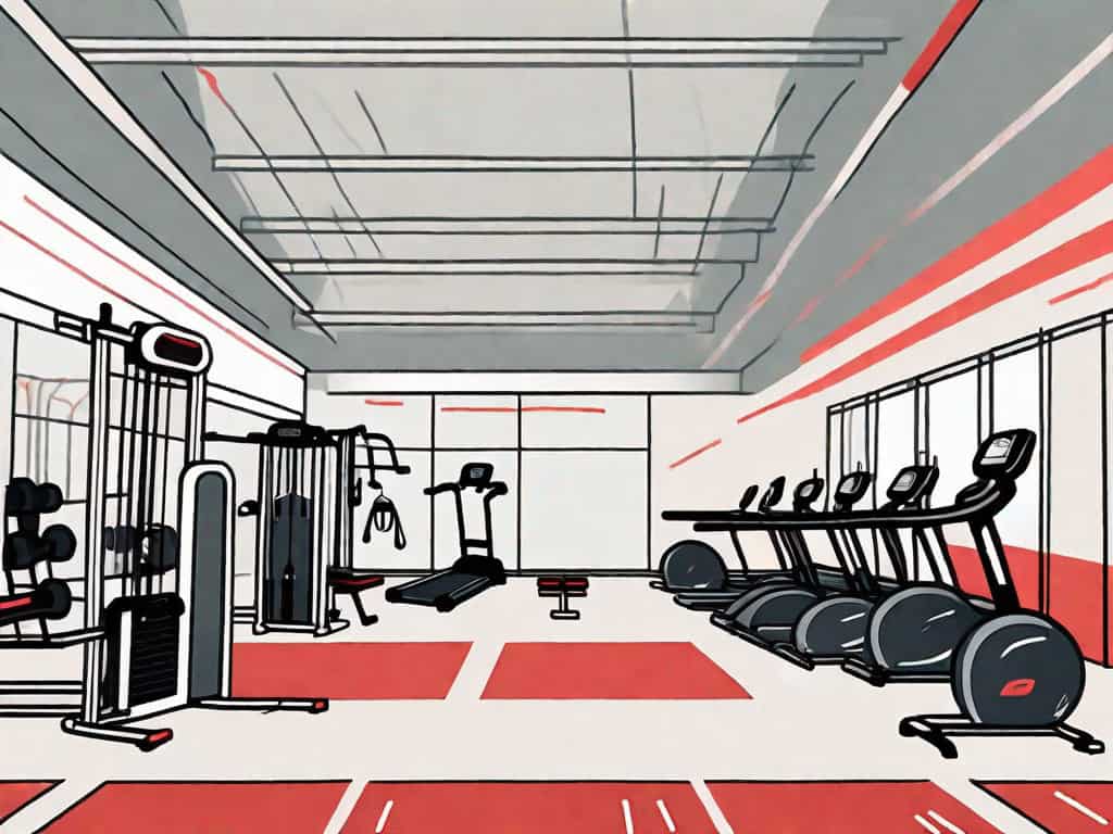 A gym with various workout equipment marked with red flags