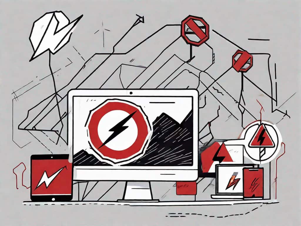 A web tangled with various warning signs and symbols such as lightning bolts