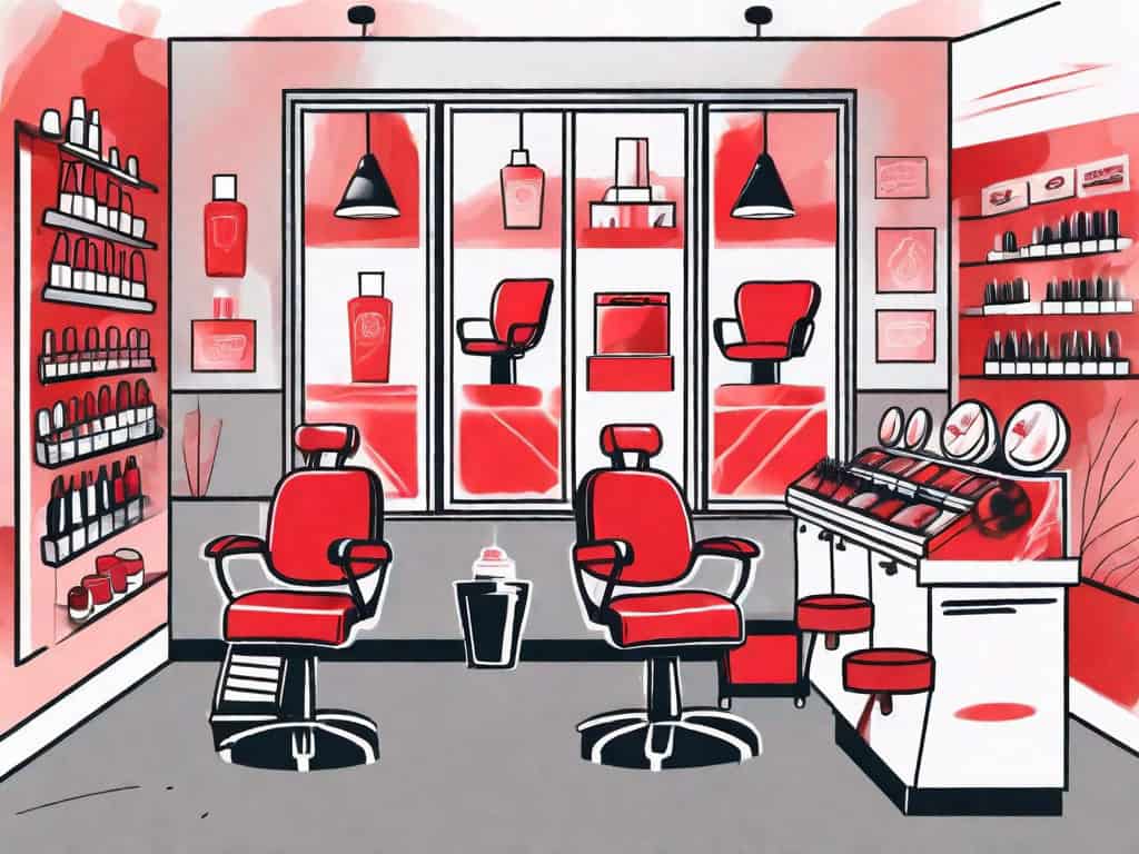 A nail salon with symbols of red flags hovering over various elements like the salon chairs