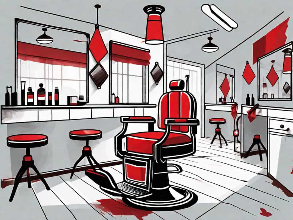 A barber shop with symbolic red flags attached to various elements like the barber pole