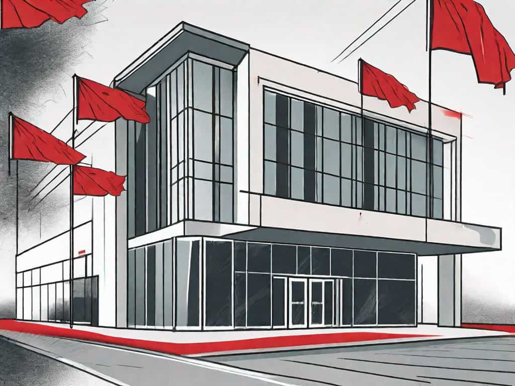 A cosmetology school building with symbolic red flags popping up from various parts