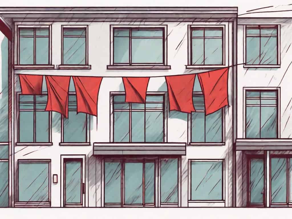 A digital marketing agency building with red flags popping out from various windows