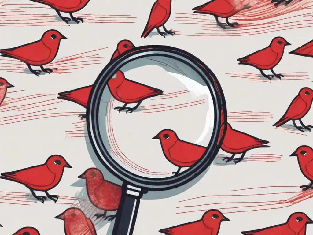 A magnifying glass examining a symbolic social media icon (like a bird or camera) with red flags popping out from it