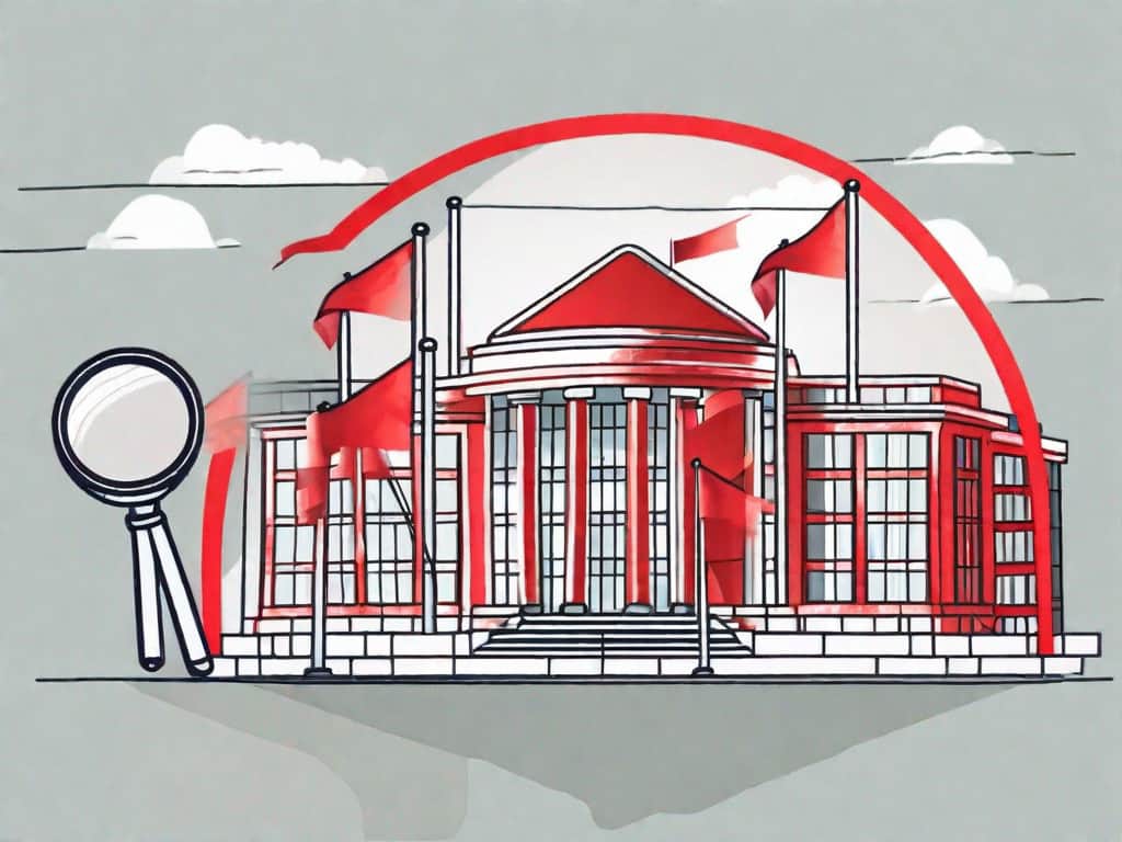 A magnifying glass examining a symbolic ppc agency building surrounded by various red flags