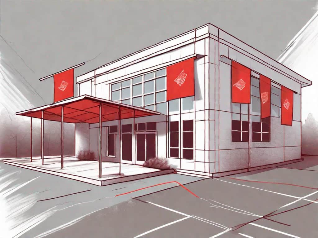 A tutoring center building with symbolic red flags popping up from various parts like the roof