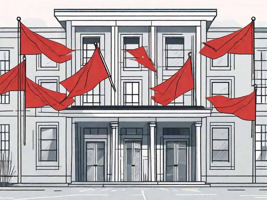 A language school building with red flags flying above it