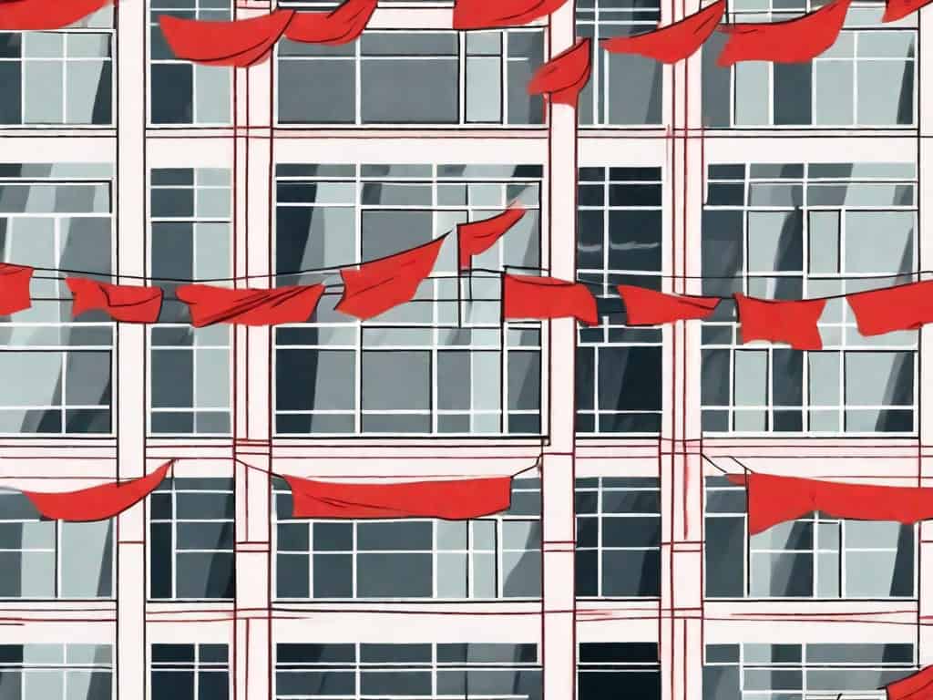A traditional art school building with a few symbolic red flags flying above it
