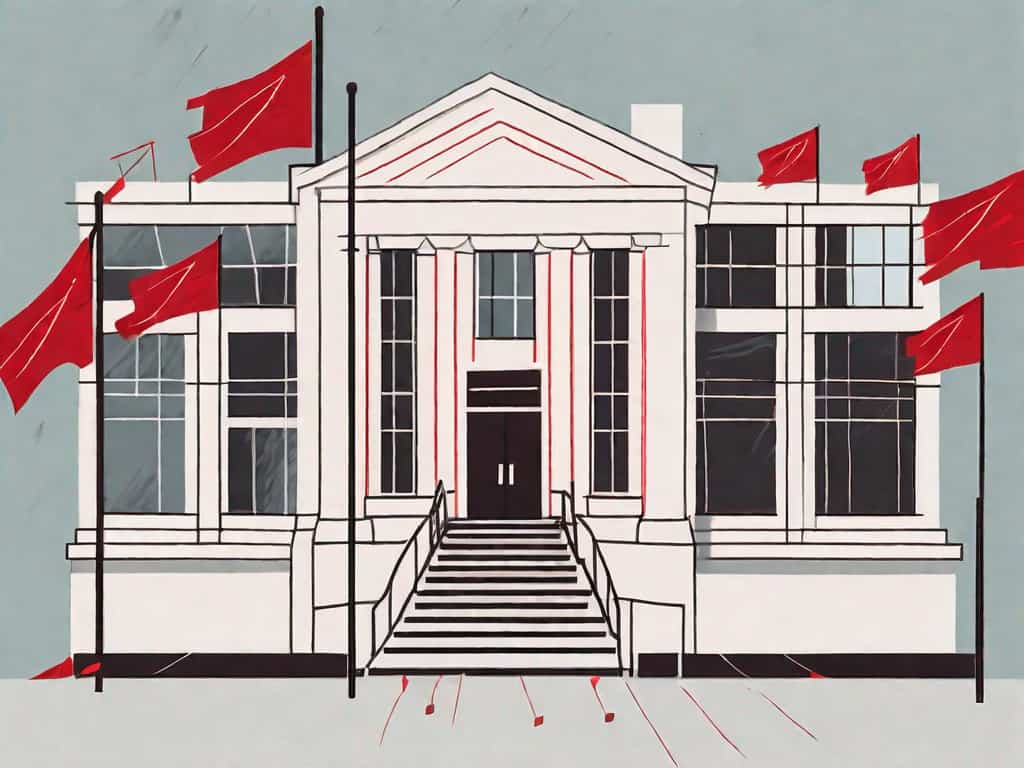 A music school building with symbolic red flags popping up from various parts like the roof