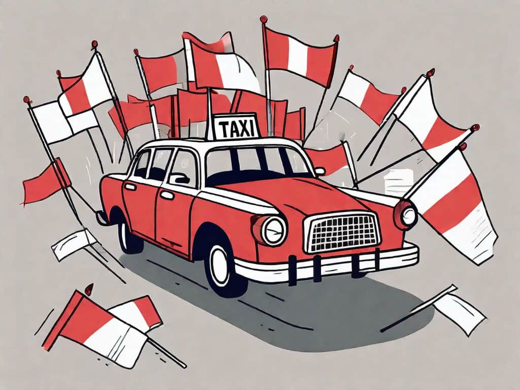 A taxi cab with various red flags sticking out from it