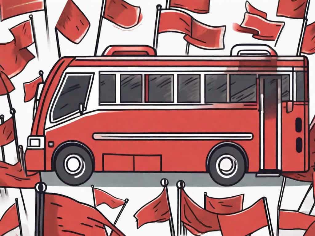 A charter bus with various red flags sticking out from it