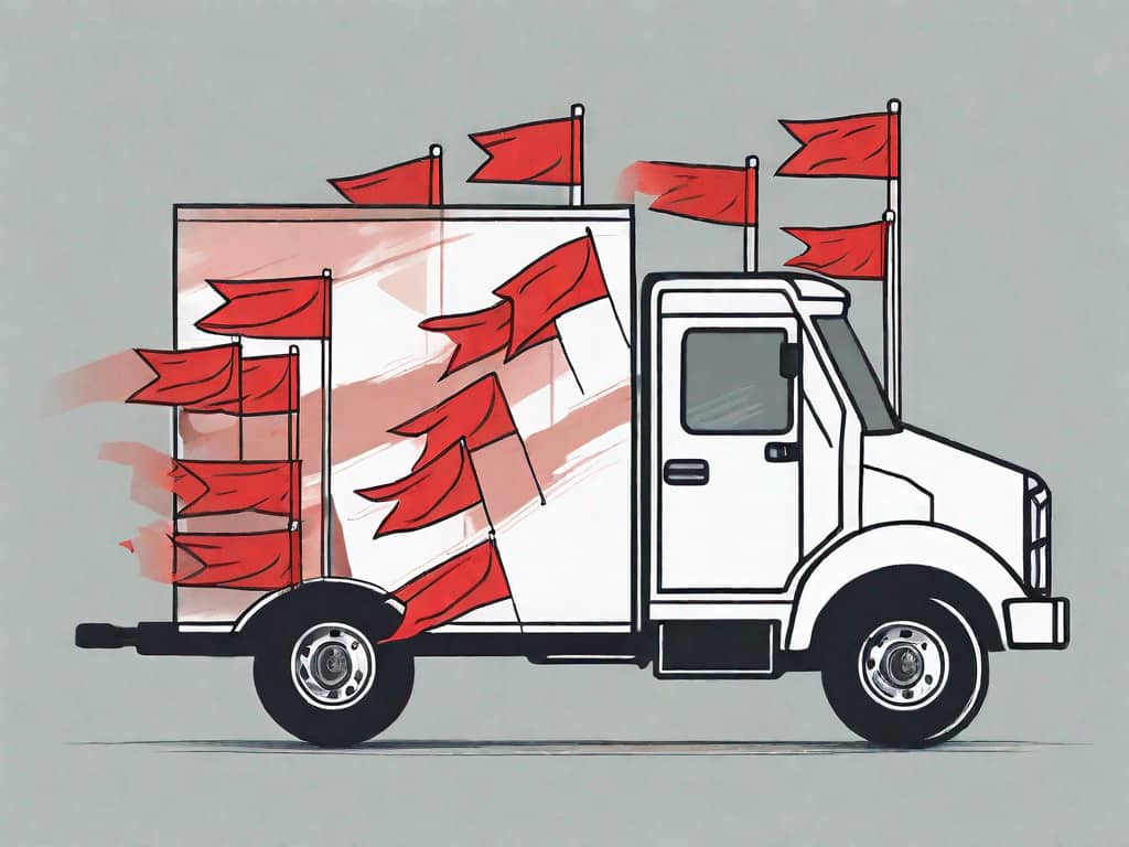 A moving truck with red flags attached to various parts of it