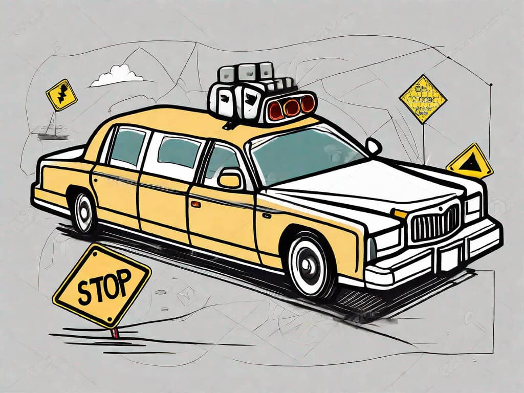 A limousine with various warning symbols (like a caution sign