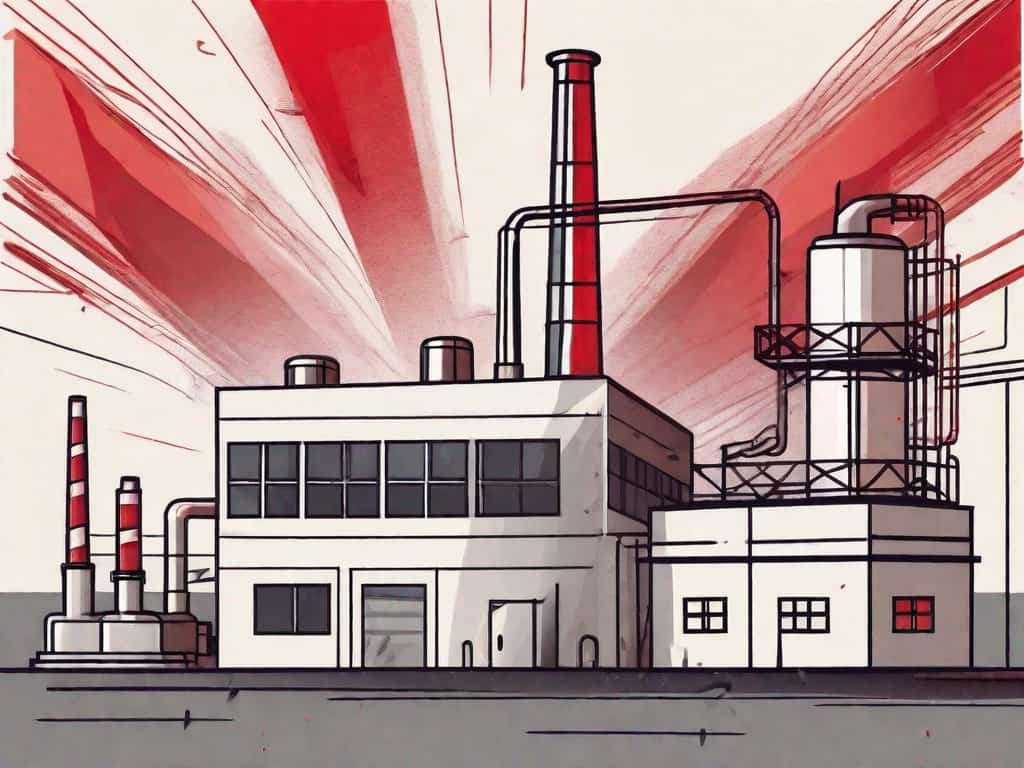 A factory building with a red flag on top