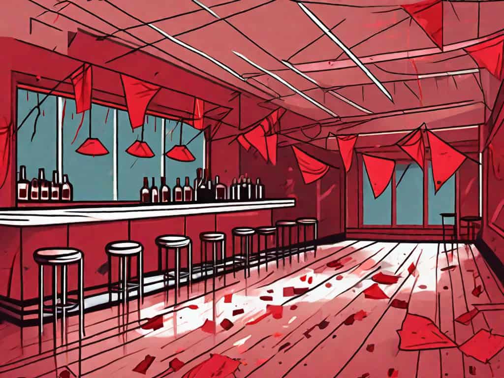 A dimly lit nightclub with various symbolic red flags scattered around