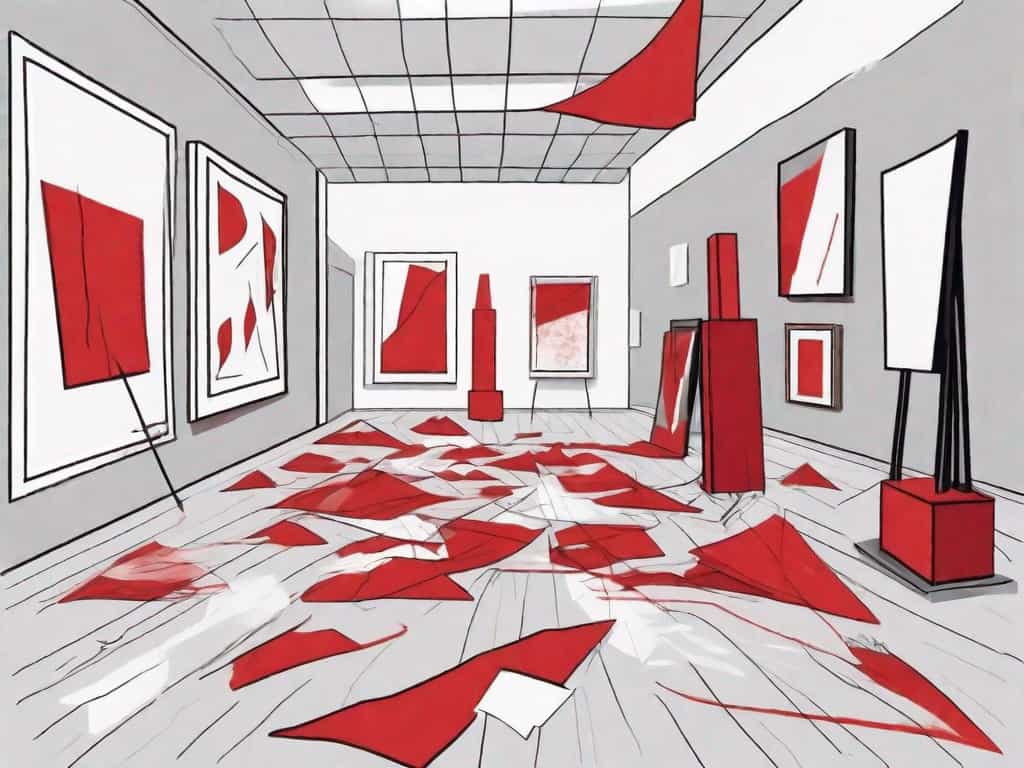 An art gallery filled with various abstract art pieces