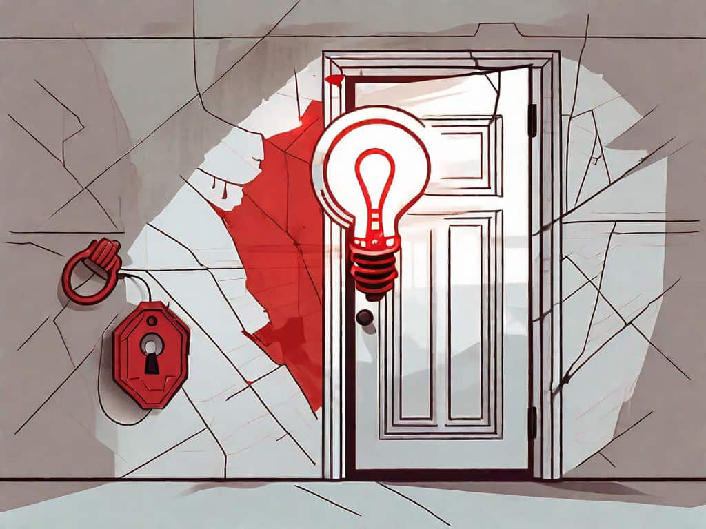 A magnifying glass hovering over a stylized escape room door