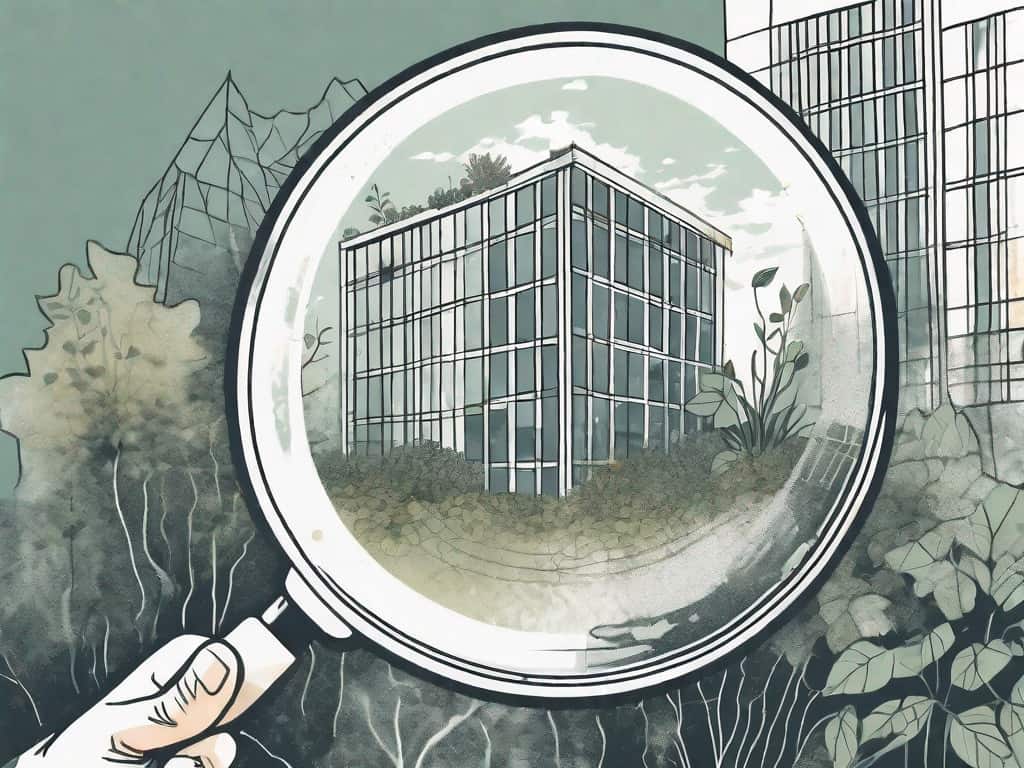 A magnifying glass hovering over a hotel building