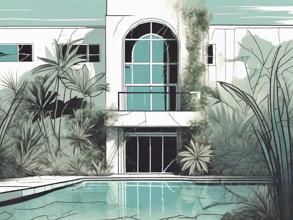 A beautiful resort with subtle signs of disrepair such as a cracked swimming pool