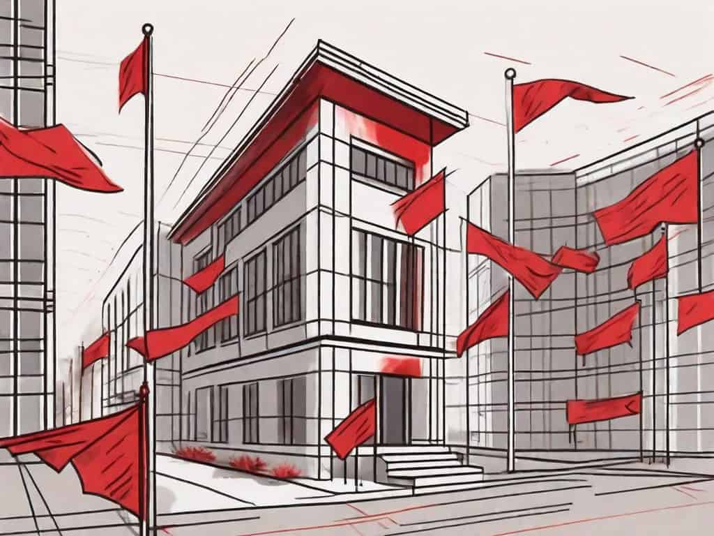 A traditional real estate brokerage building with various red flags sticking out from different points
