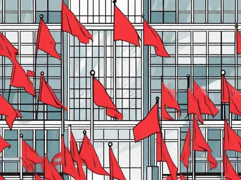 A real estate consulting firm building with a few red flags waving around it