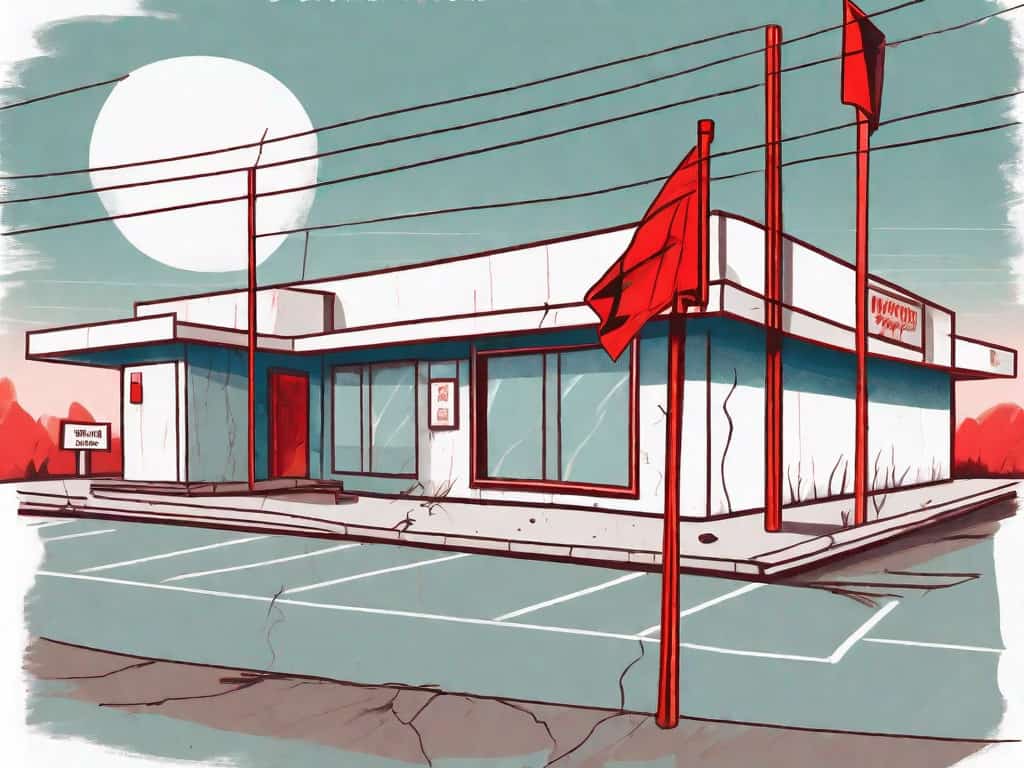 A motel with various symbolic red flags attached to it