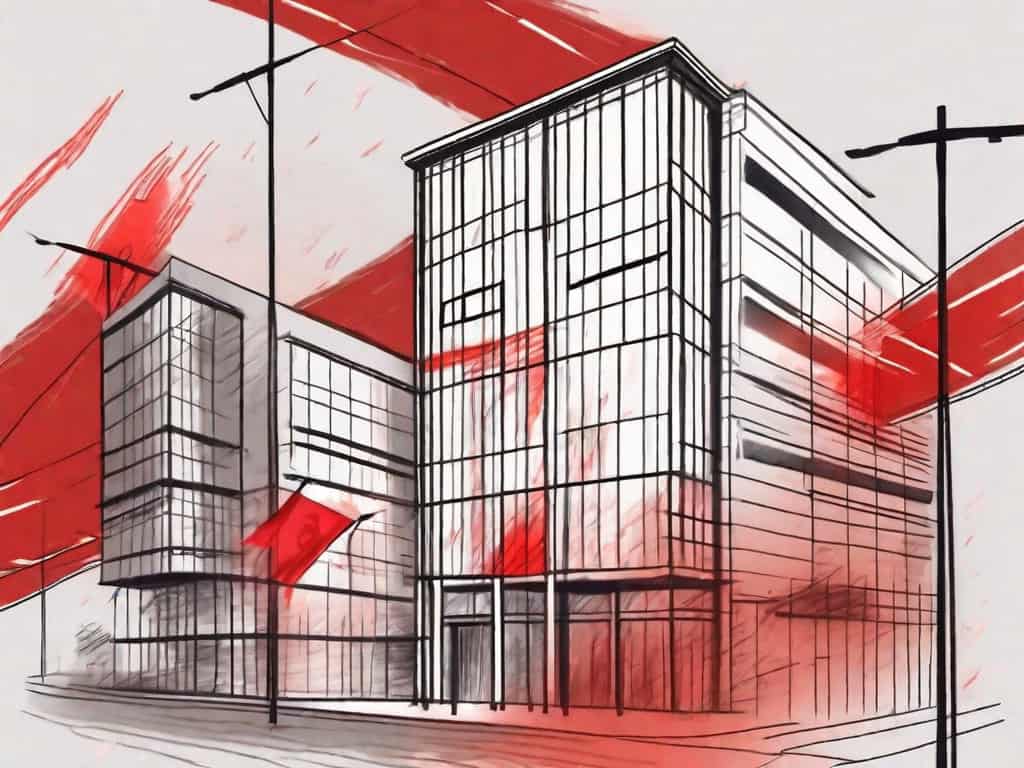 A real estate agency building with symbolic red flags popping up from various parts of it