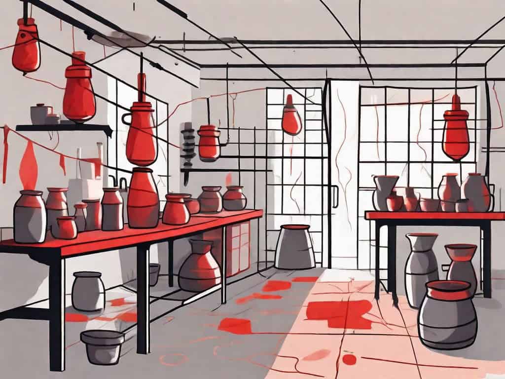 A pottery studio with visible red flags hanging near certain areas like a kiln with cracks