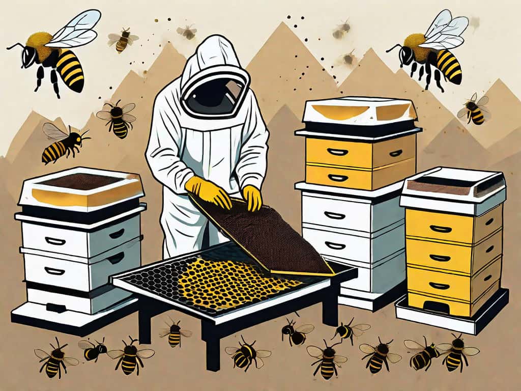A beekeeping setup with a few hives