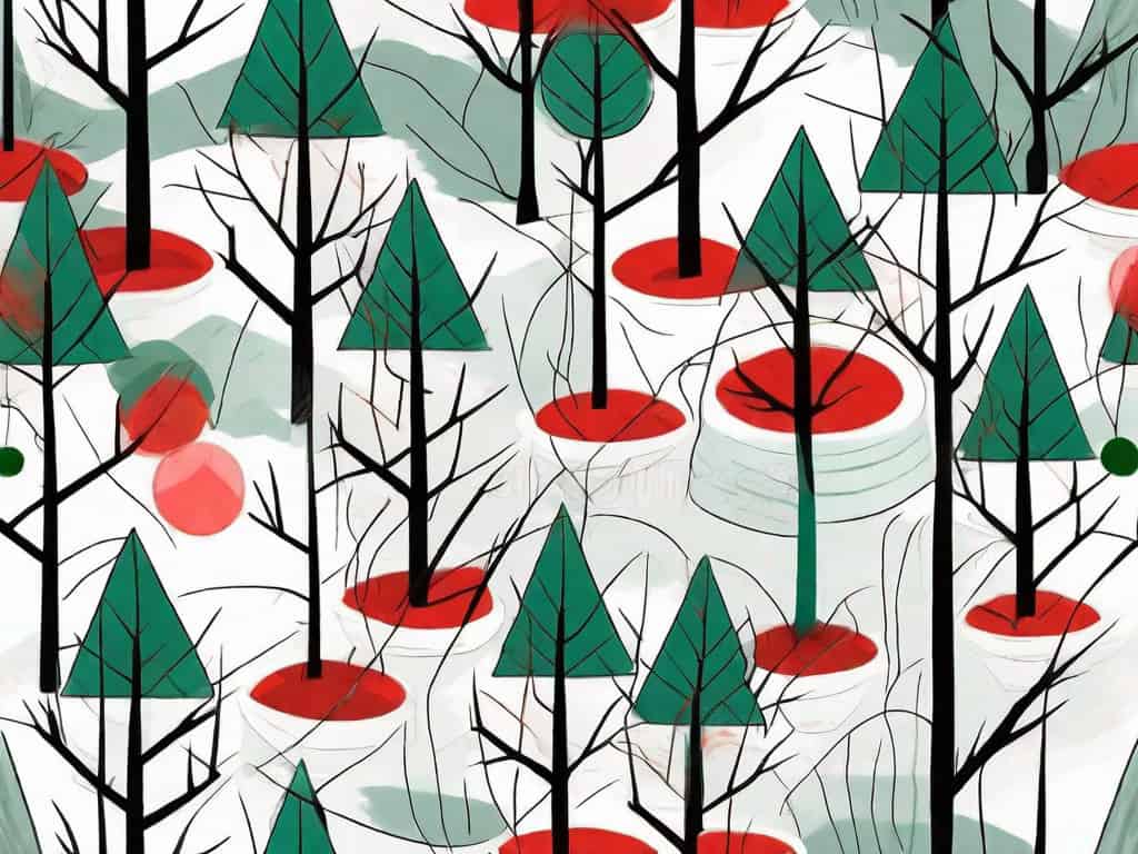 A tree nursery with a few marked red flags indicating potential issues like unhealthy trees