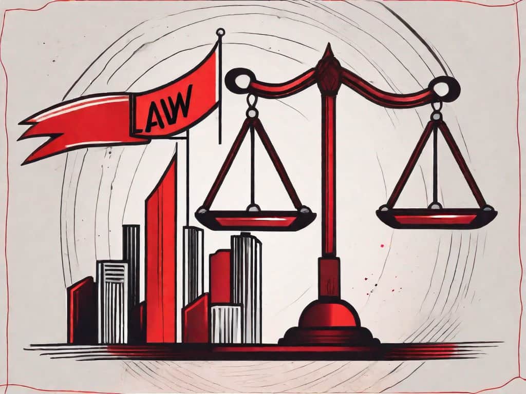 A symbolic balance scale with a law firm building on one side and various red flags on the other side