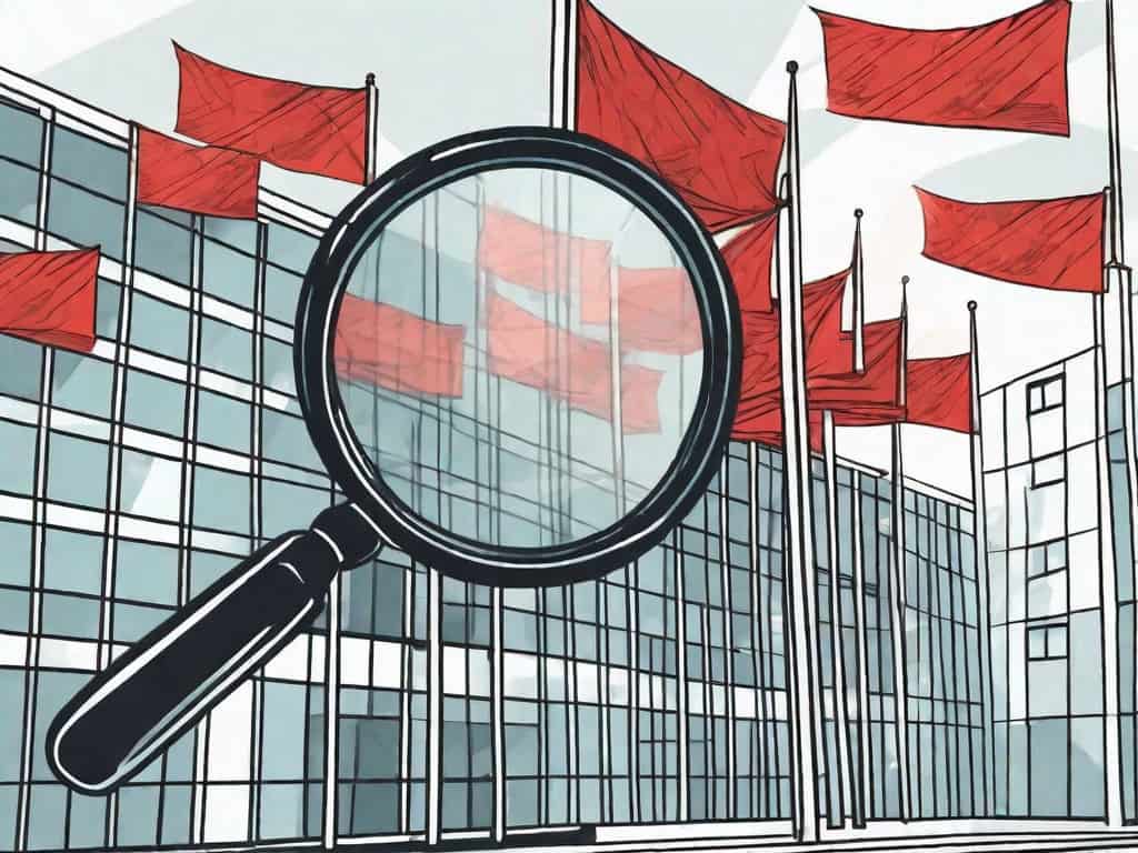 A magnifying glass hovering over a tax consultancy building with visible red flags sticking out from it