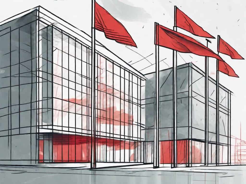 A tech startup building with red flags popping out from different areas