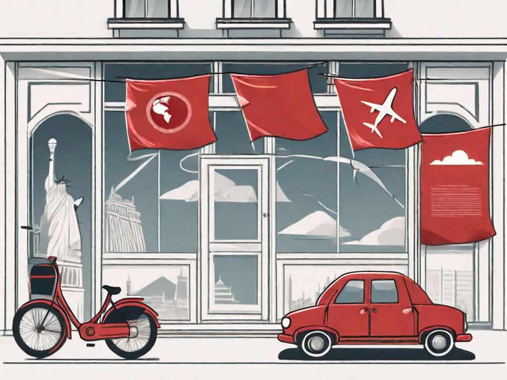 A travel agency storefront with symbolic red flags flying above it