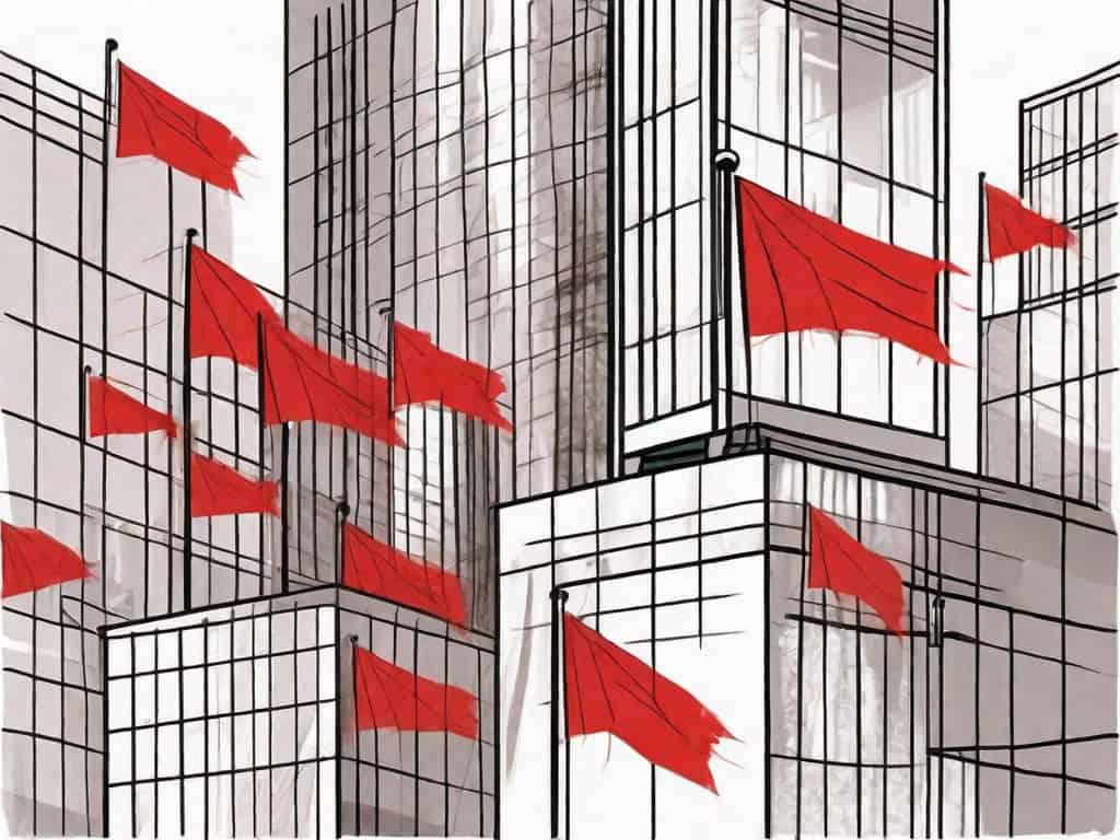 An industrial complex with various symbolic red flags flying over certain buildings
