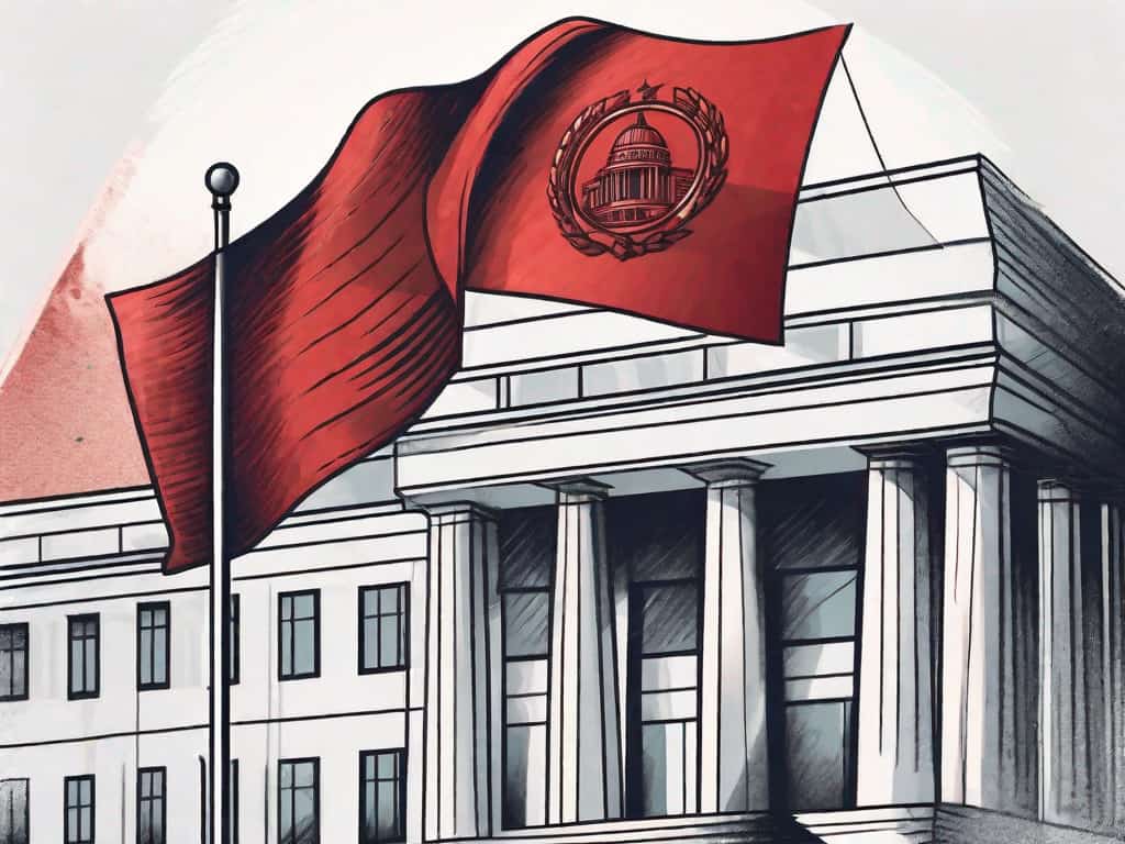 A red flag waving atop a symbolic representation of a government building