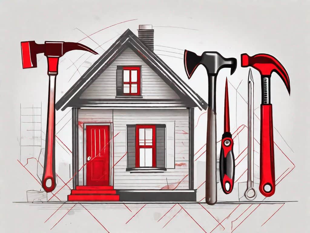 A house with various service tools like a hammer