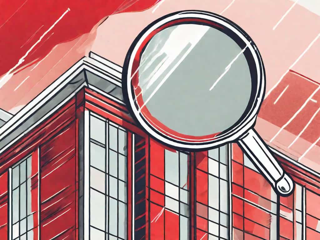 A magnifying glass hovering over a symbolic insurance agency building