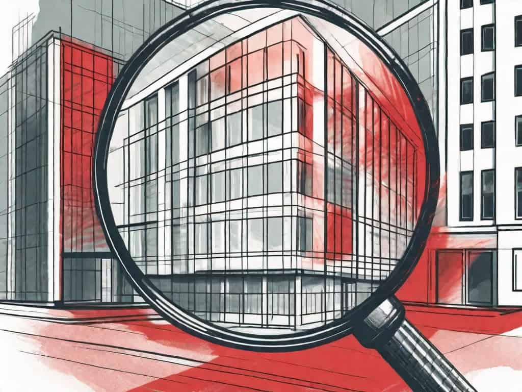 A magnifying glass scrutinizing a stylized building representing a staffing firm