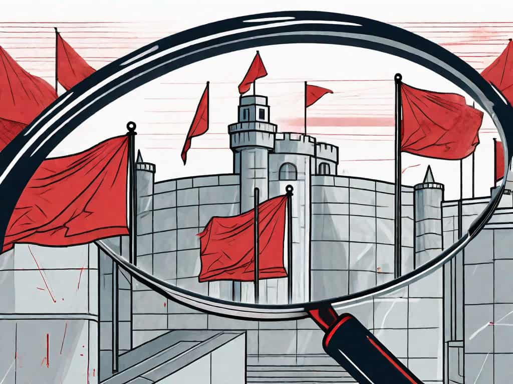A defense contracting firm symbolized as a fortress with red flags flying around it