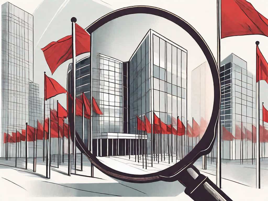 A magnifying glass focusing on a collection of red flags planted on a stylized representation of a corporate building